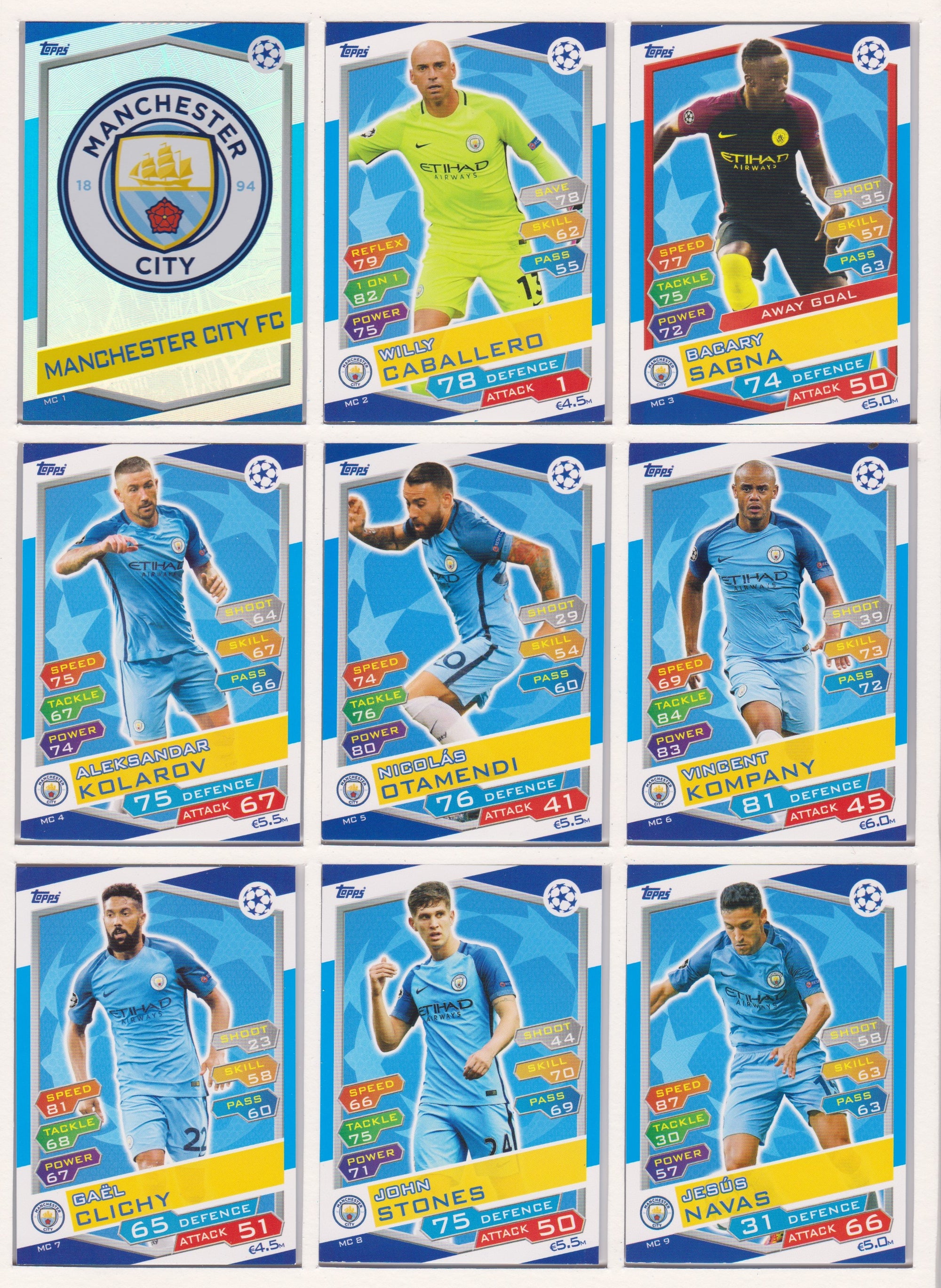 000. MANCHESTER CITY - KOMPLETT SETT MED TOPPS MATCH ATTAX CHAMPIONS LEAGUE 2016/17