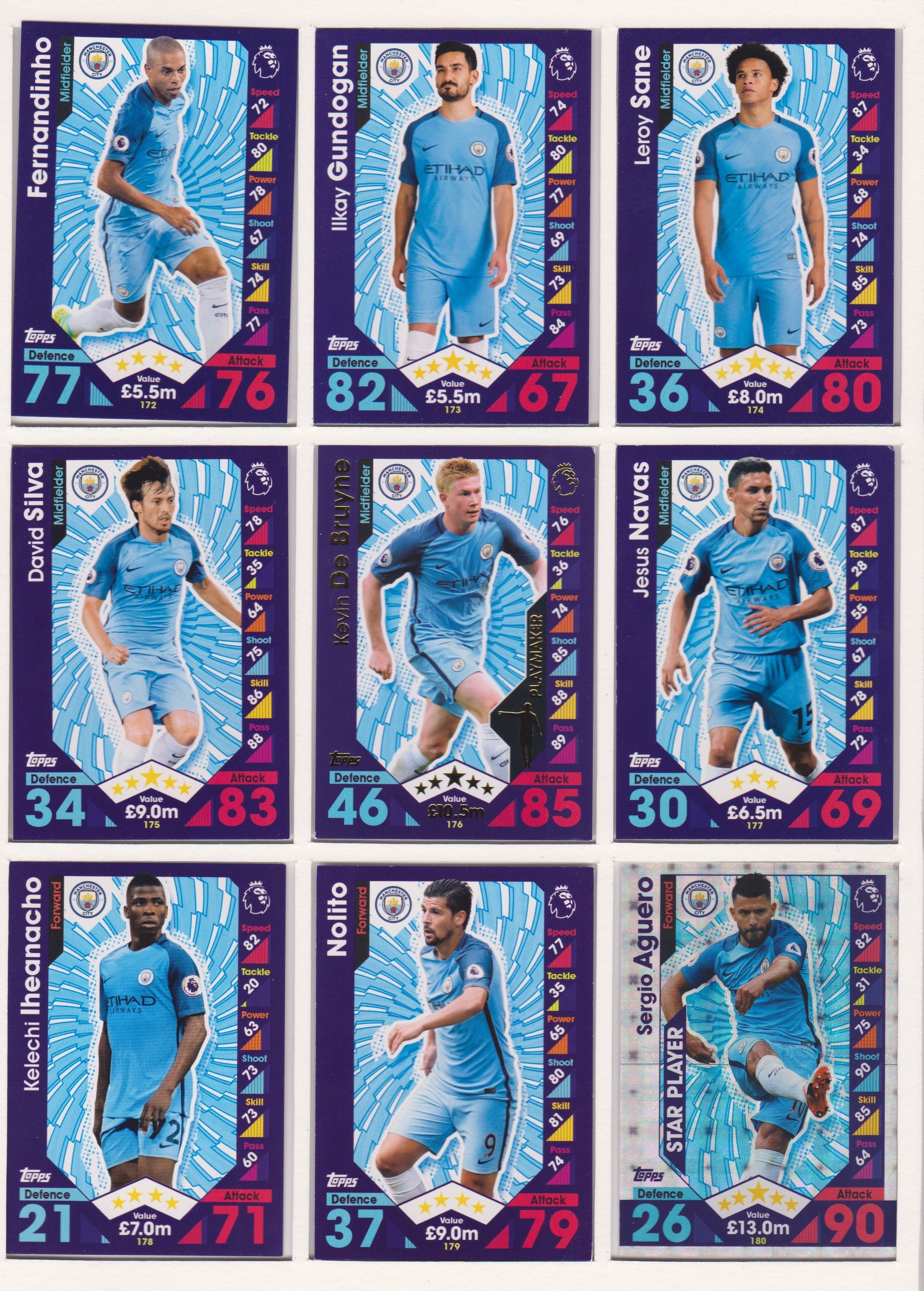 000. MANCHESTER CITY - KOMPLETT SETT MED TOPPS MATCH ATTAX PREMIER LEAGUE 2016/17