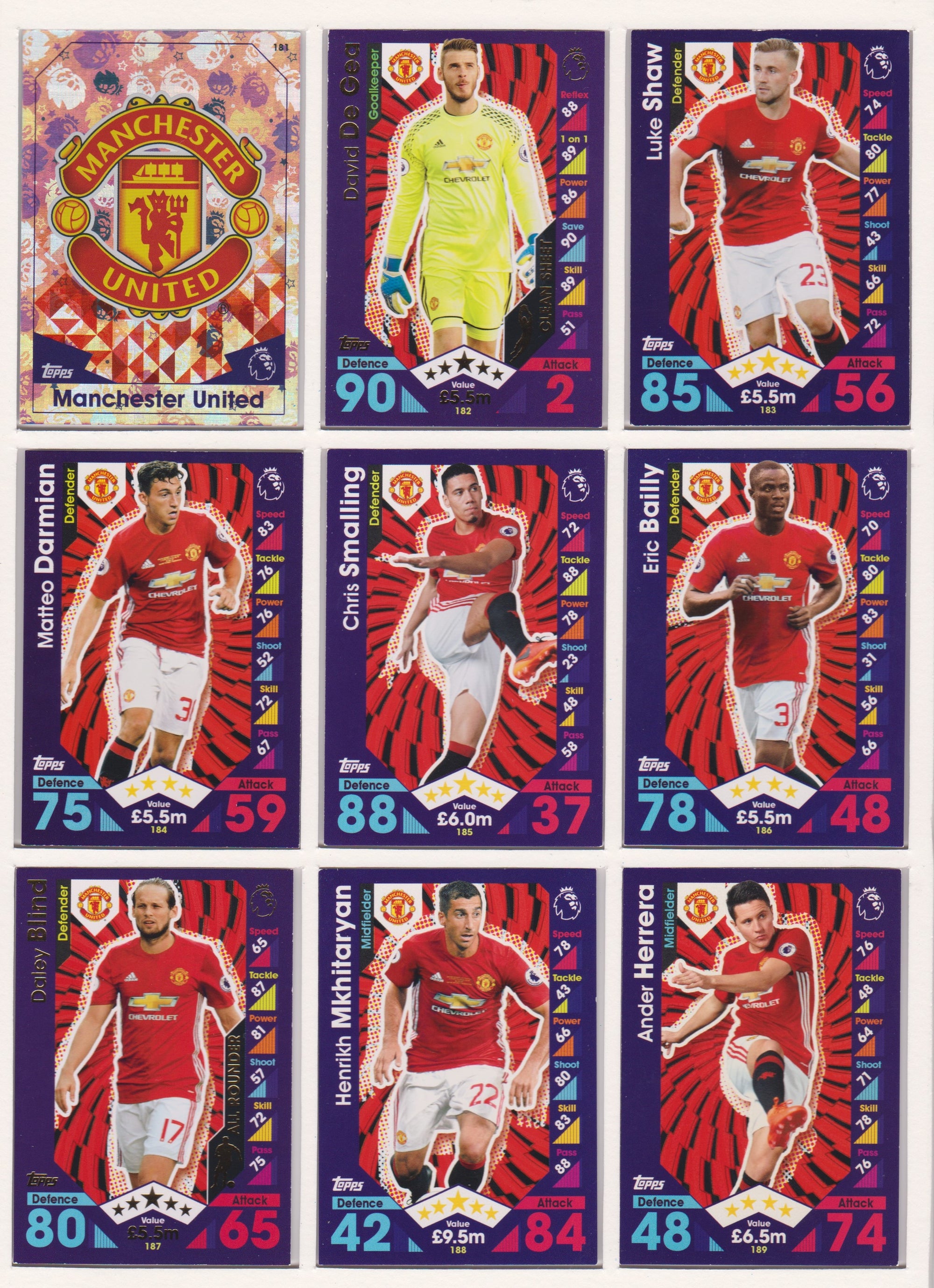 000. MANCHESTER UNITED - KOMPLETT SETT MED TOPPS MATCH ATTAX PREMIER LEAGUE 2016/17