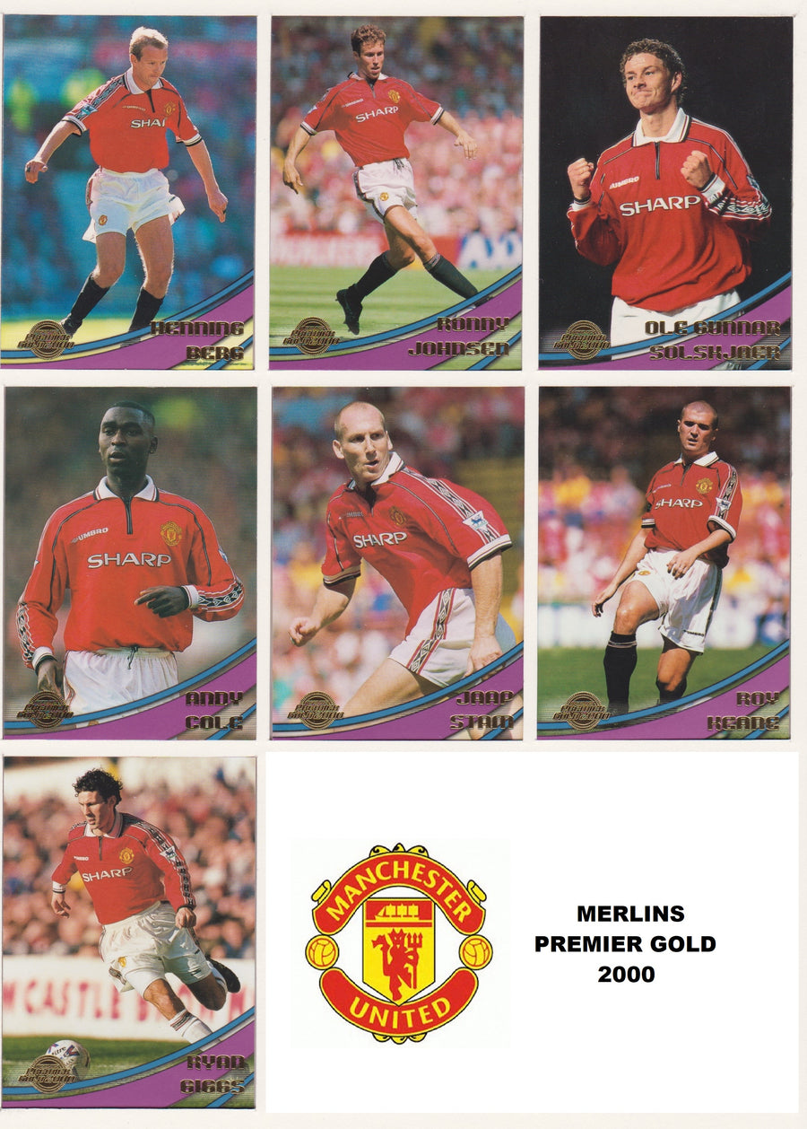 000. MANCHESTER UNITED - KOMPLETT SETT MED FOTBALLKORT MERLINS PREMIER GOLD 2000