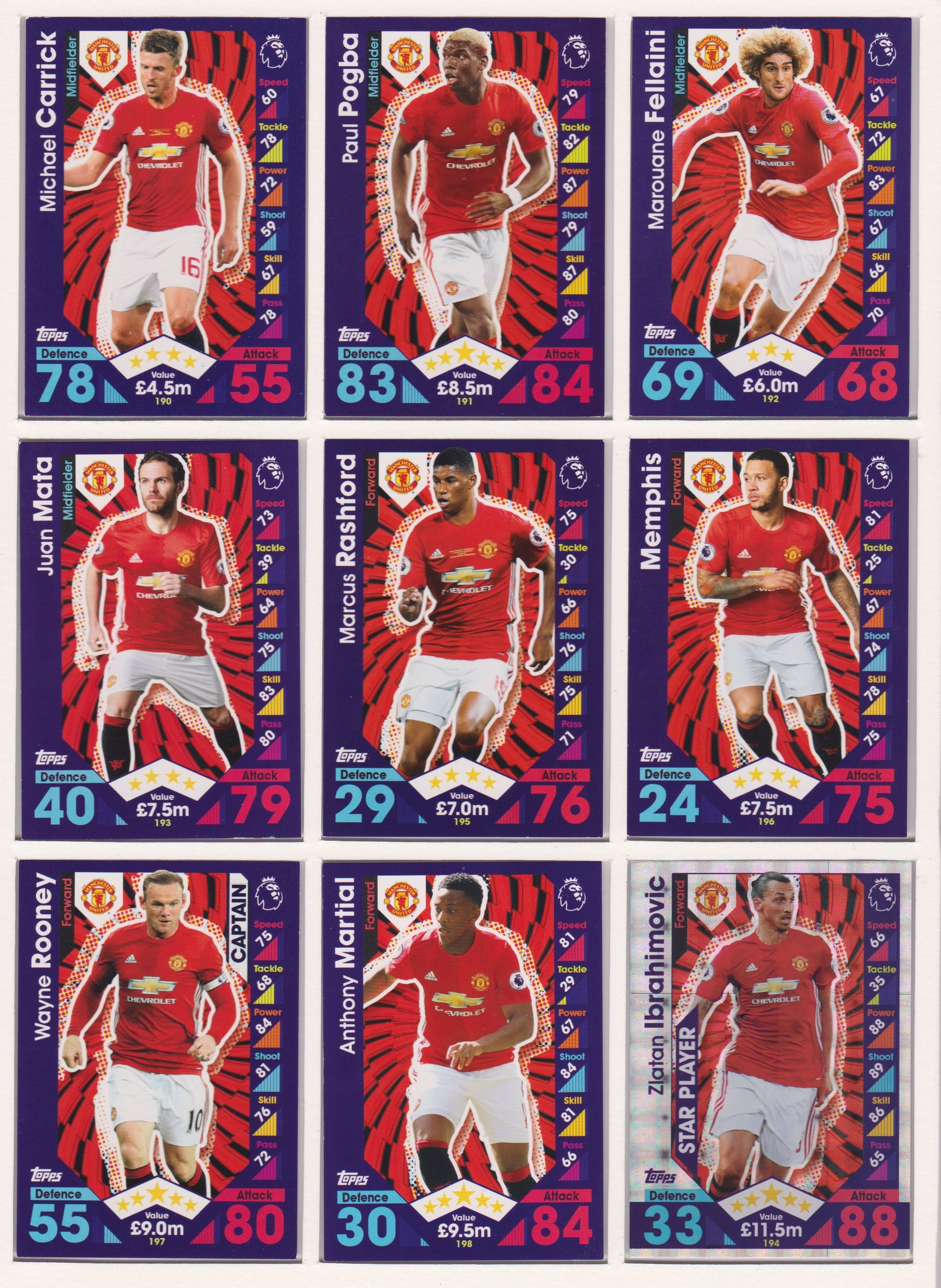 000. MANCHESTER UNITED - KOMPLETT SETT MED TOPPS MATCH ATTAX PREMIER LEAGUE 2016/17