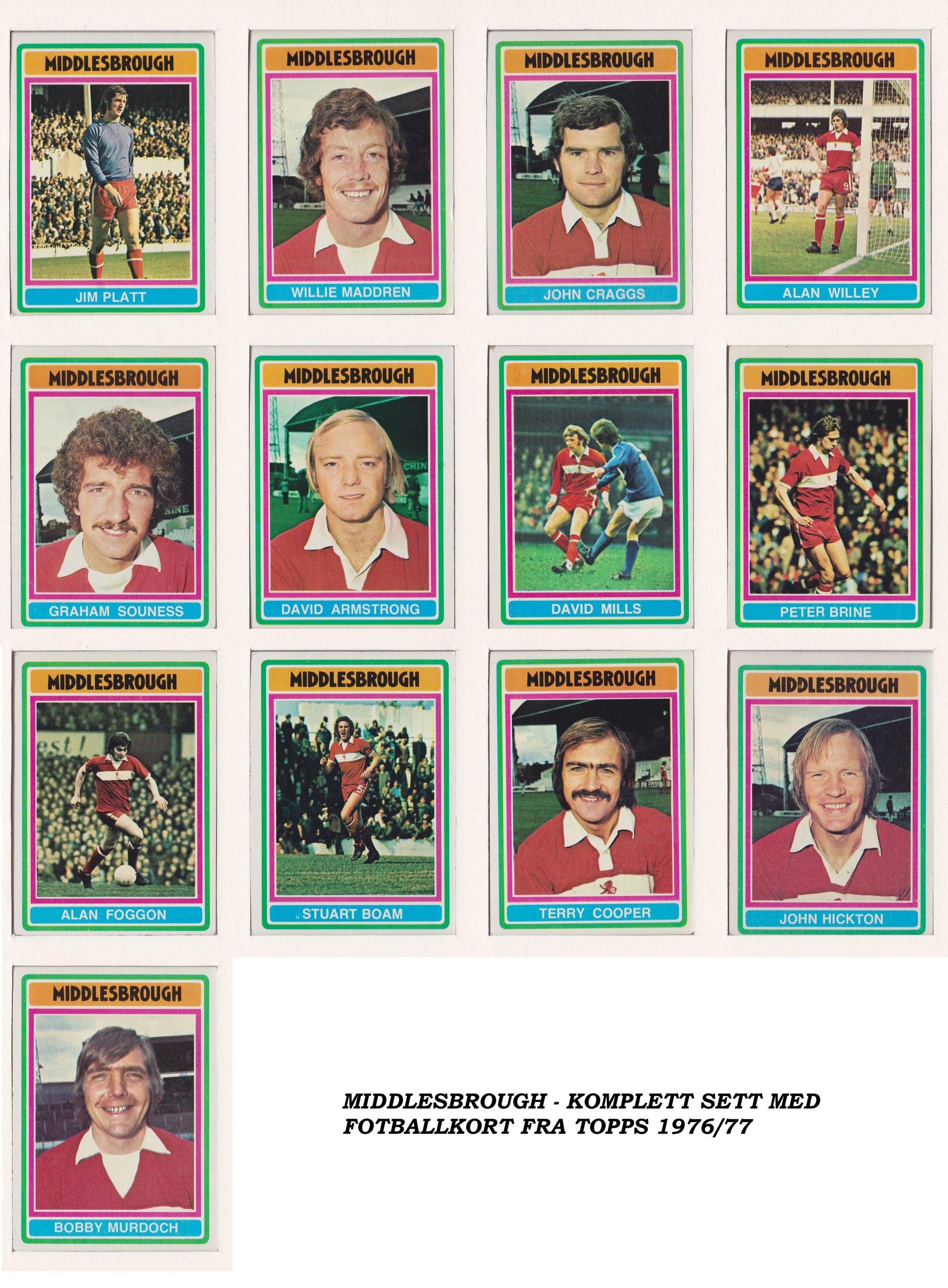 000. MIDDLESBROUGH - KOMPLETT SETT MED FOTBALLKORT FRA TOPPS 1976/77