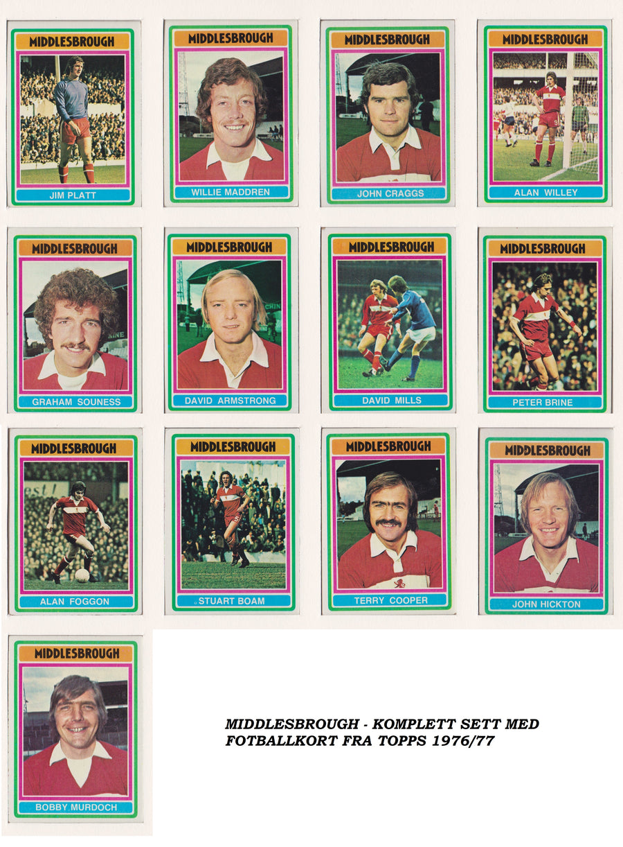 000. MIDDLESBROUGH - KOMPLETT SETT MED FOTBALLKORT FRA TOPPS 1976/77