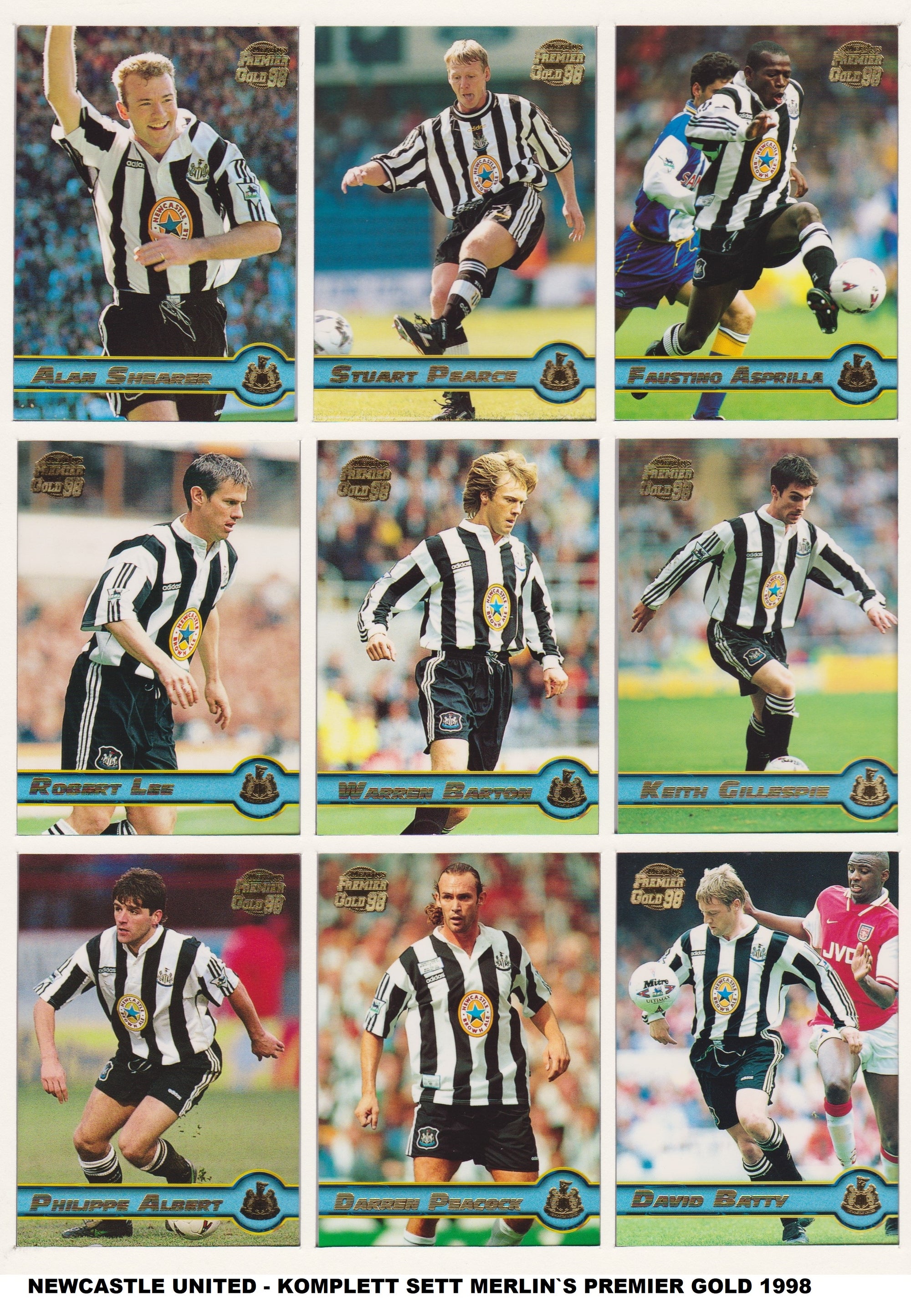000. NEWCASTLE UNITED - KOMPLETT SETT MED FOTBALLKORT FRA MERLIN`S PREMIER GOLD 1998