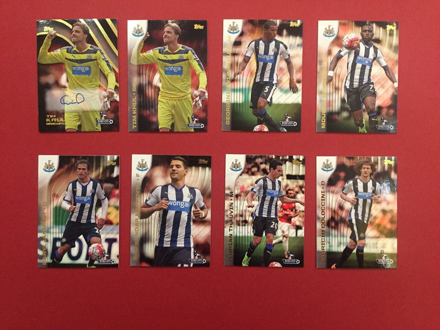 000. NEWCASTLE UNITED KOMPLETT SETT MED FOTBALLKORT TOPPS PREMIER GOLD 2015 INKL SIGNERT KORT