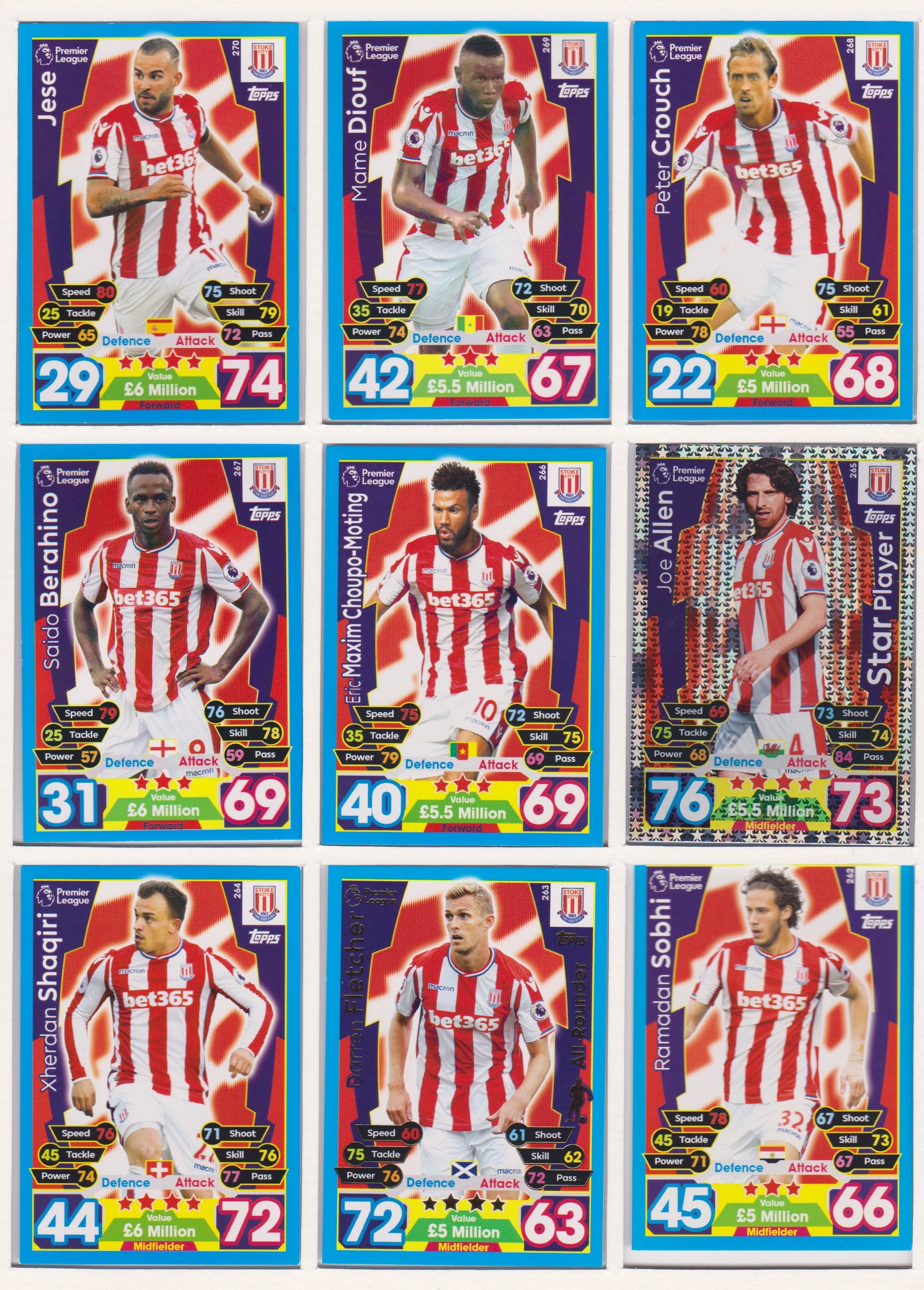 000. STOKE CITY - KOMPLETT SETT MED TOPPS MATCH ATTAX PREMIER LEAGUE 2017/18