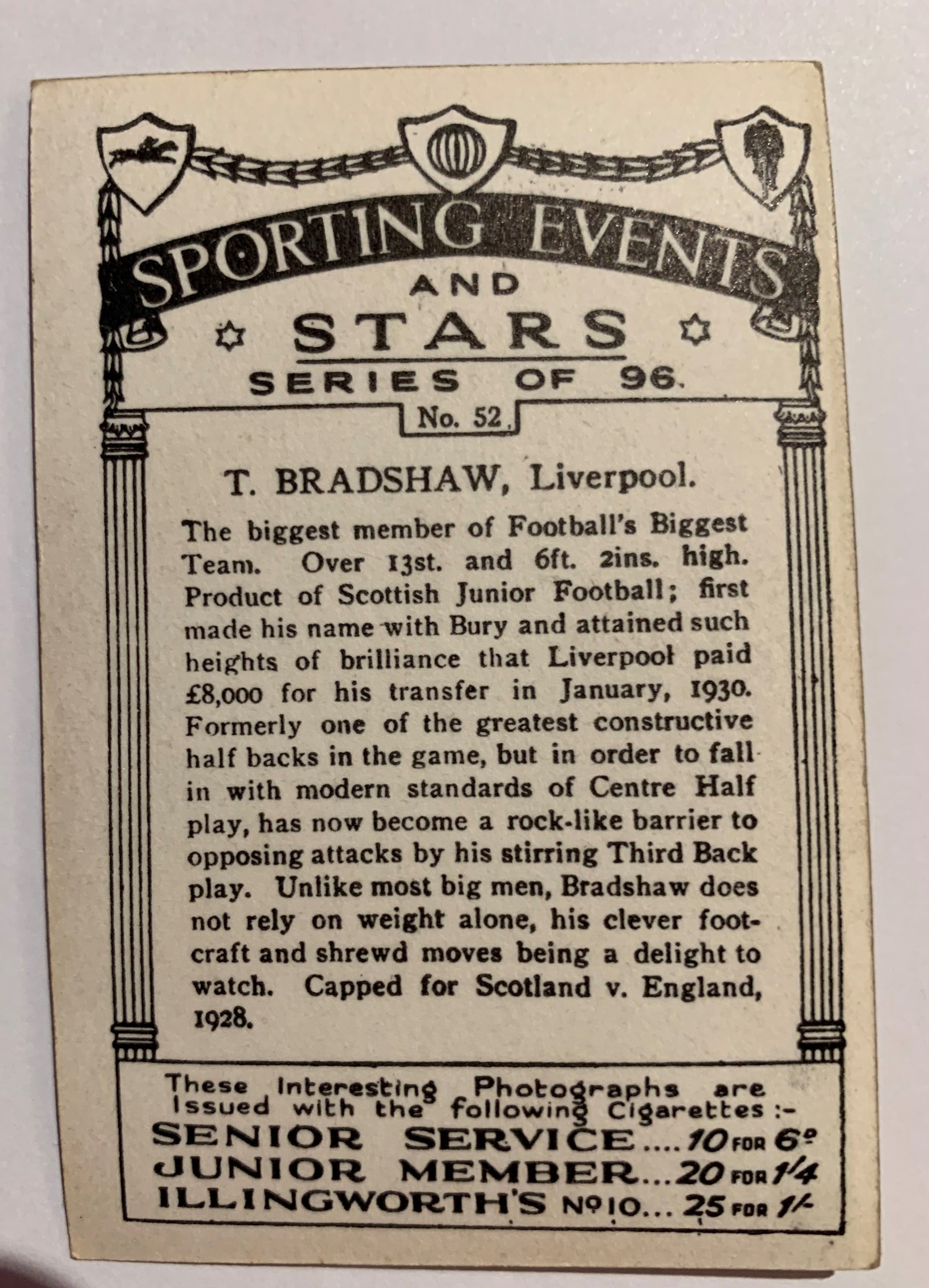 T. BRADSHAW - LIVERPOOL - ORGINALT FOTBALLKORT FRA 1934