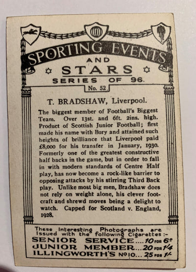 T. BRADSHAW - LIVERPOOL - ORGINALT FOTBALLKORT FRA 1934