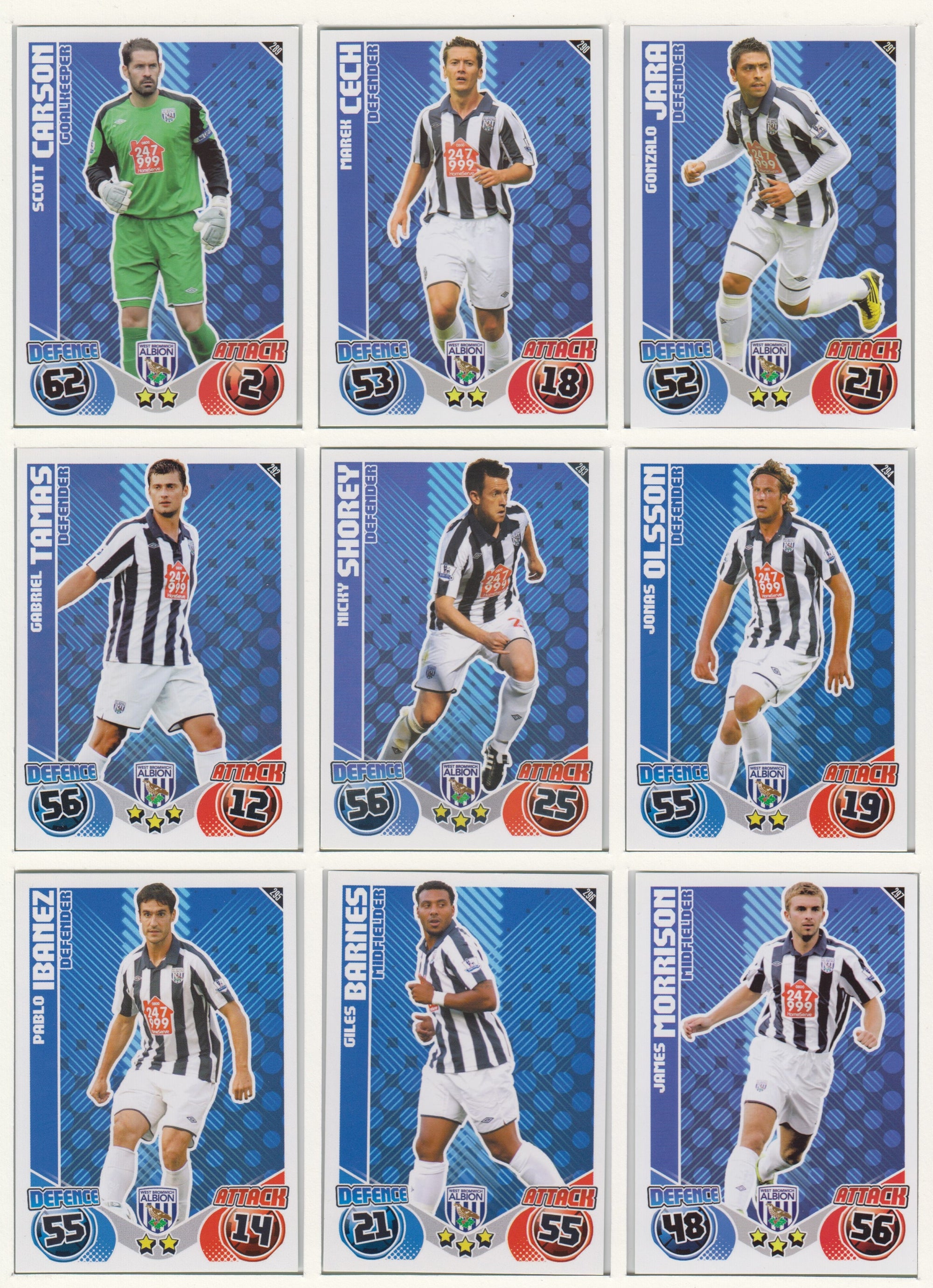 000. WEST BROMWICH ALBION - KOMPLETT SETT MED TOPPS MATCH ATTAX PREMIER LEAGUE 2010/11
