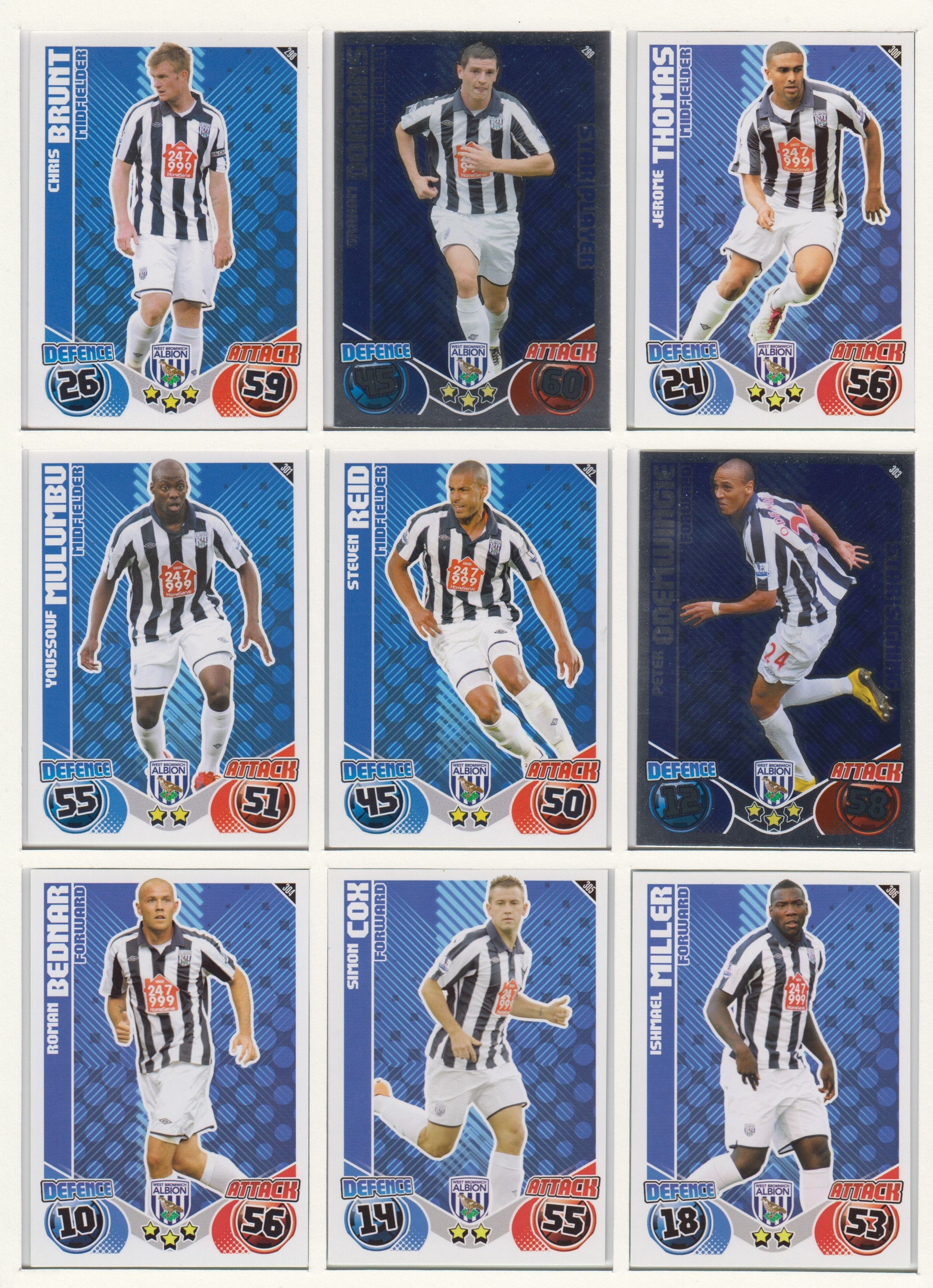 000. WEST BROMWICH ALBION - KOMPLETT SETT MED TOPPS MATCH ATTAX PREMIER LEAGUE 2010/11