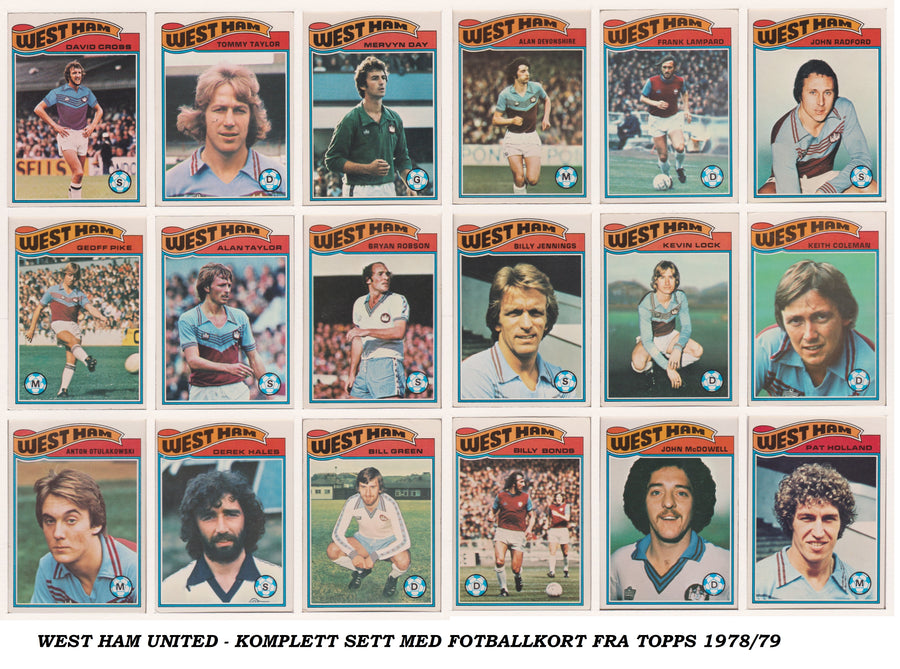 000. WEST HAM UNITED - KOMPLETT SETT MED FOTBALLKORT FRA TOPPS 1978/79