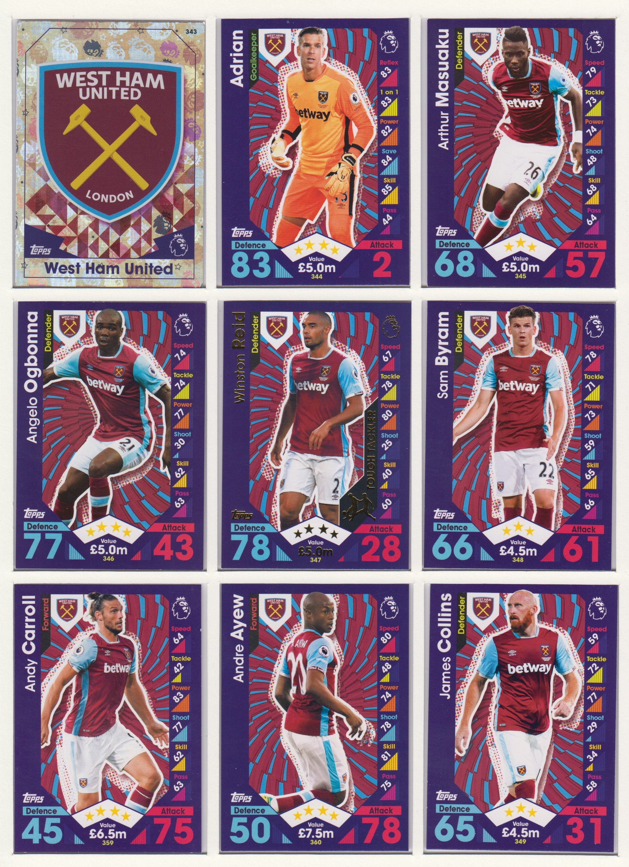 000. WEST HAM UNITED - KOMPLETT SETT MED TOPPS MATCH ATTAX PREMIER LEAGUE 2016/17