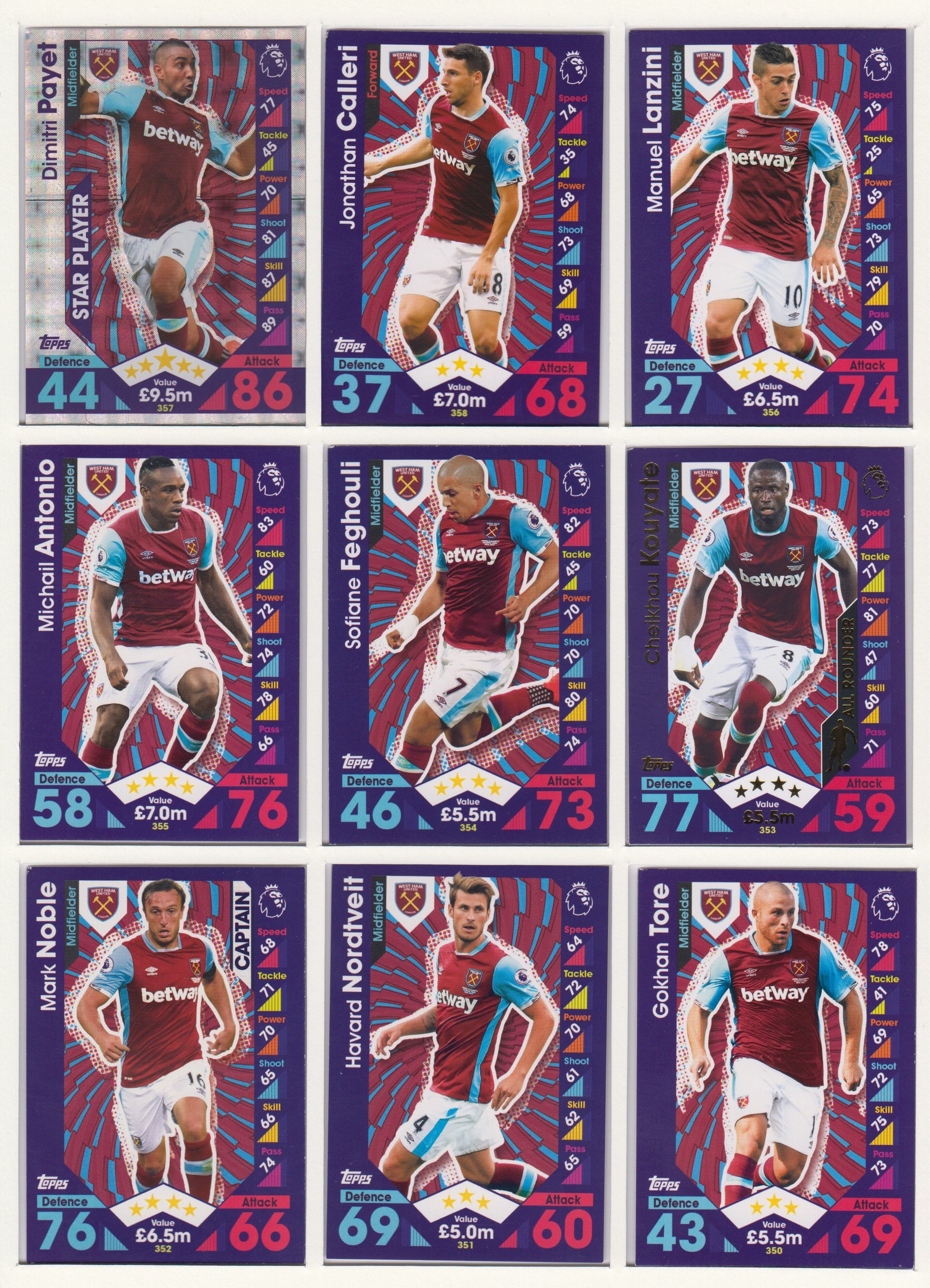 000. WEST HAM UNITED - KOMPLETT SETT MED TOPPS MATCH ATTAX PREMIER LEAGUE 2016/17