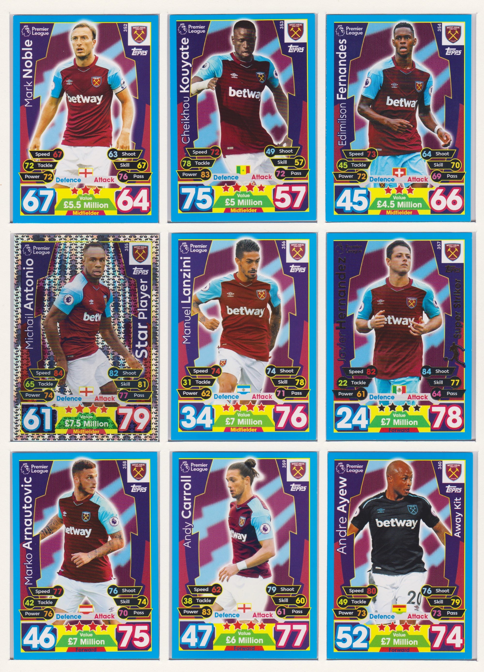 000. WEST HAM UNITED - KOMPLETT SETT MED TOPPS MATCH ATTAX PREMIER LEAGUE 2017/18